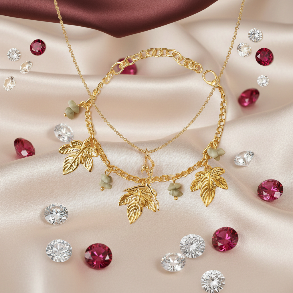 Luxury Nature-Inspired Dancer Necklace & Golden Maple Leaf Charm Bracelet Set (Set of 2)