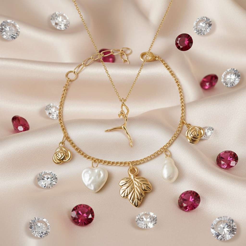 Luxury Romantic Dancer Necklace & Charm Bracelet Set - Gold-Tone Pearl and Rose Accents Set (Set of 2)