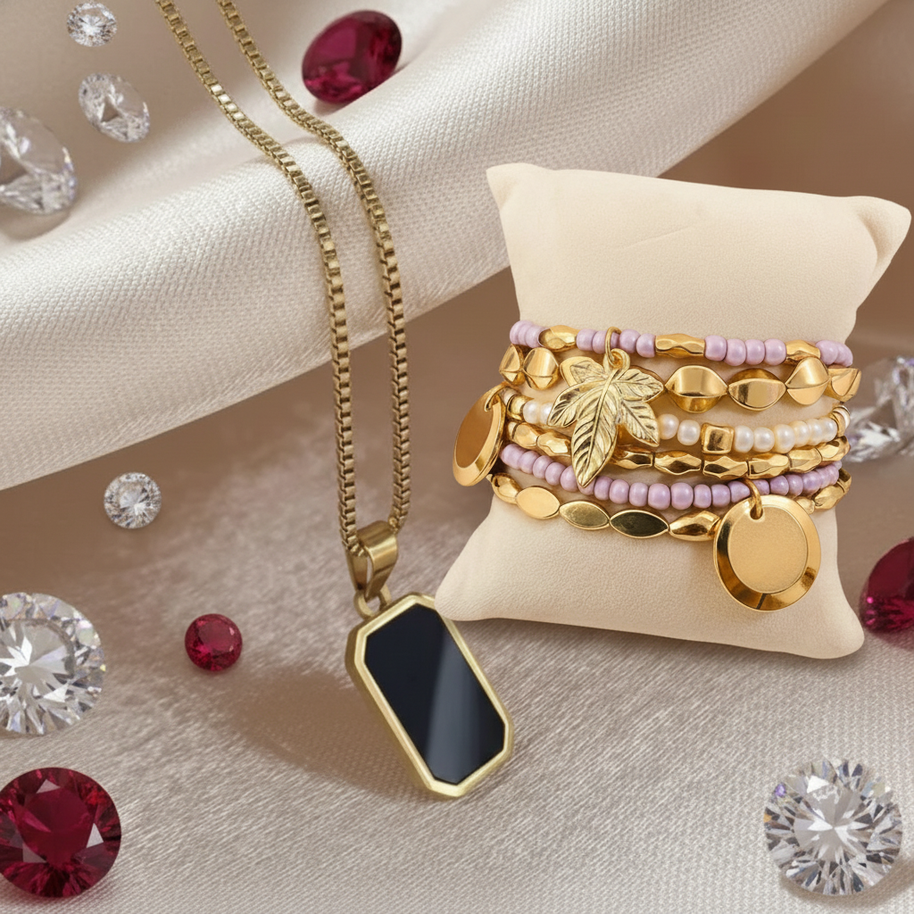 Luxury Gold Plated Black Pendant Necklace with Layered Beaded Charm Bracelet Set (Set of 2)