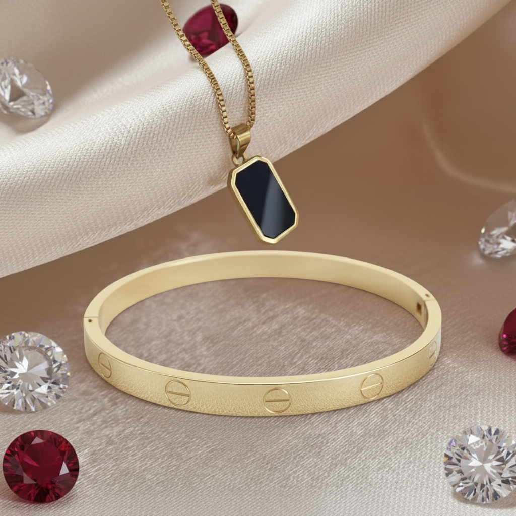 Luxury Gold Plated Black Pendant Necklace and Engraved Screw Detail Bangle Set (Set of 2)