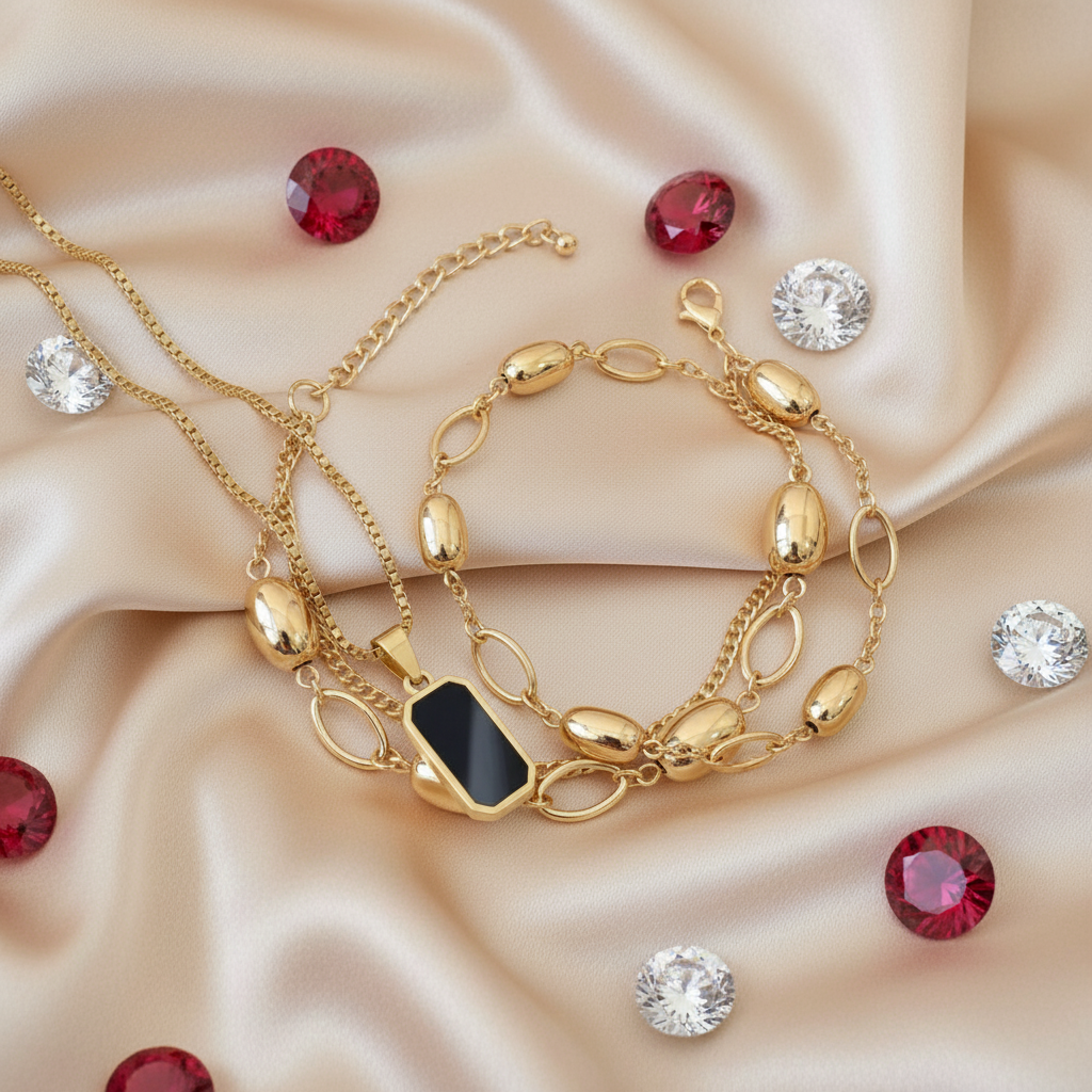 Luxury Gold Plated Black Pendant Necklace and Dual Layered Oval Chain Bracelet Set (Set of 2)