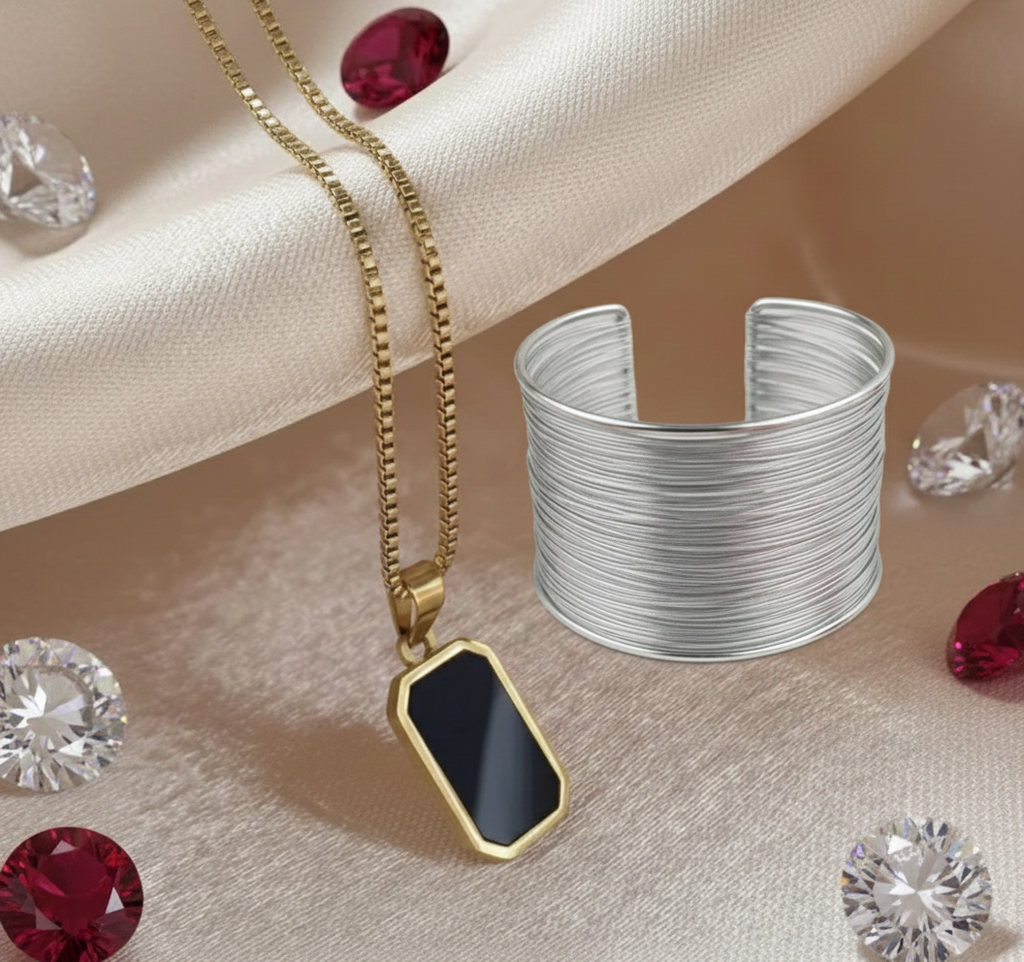 Luxury Gold Plated Black Pendant Necklace & Wide Silver Adjustable Bracelet Set. (Set of 2)