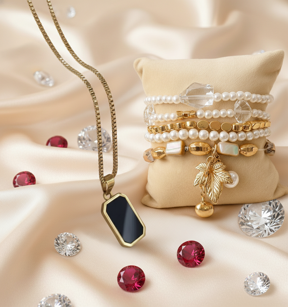 Luxury Gold Plated Black Pendant Necklace with Lilac & Gold Layered Bracelet Stack Set (Set of 2)