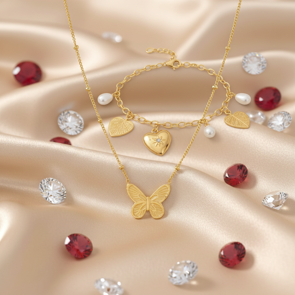 Luxury Gold Butterfly Necklace and Heart & Pearl Charm Bracelet Matching Set (Set of 2)