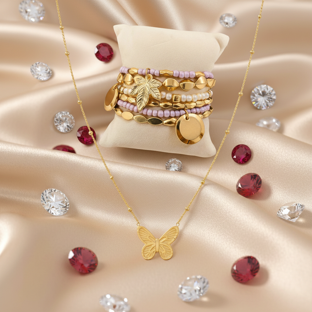 Luxury Gold Plated Butterfly Pendant Necklace and Layered Bohemian Beaded Bracelet Set (Set of 2)