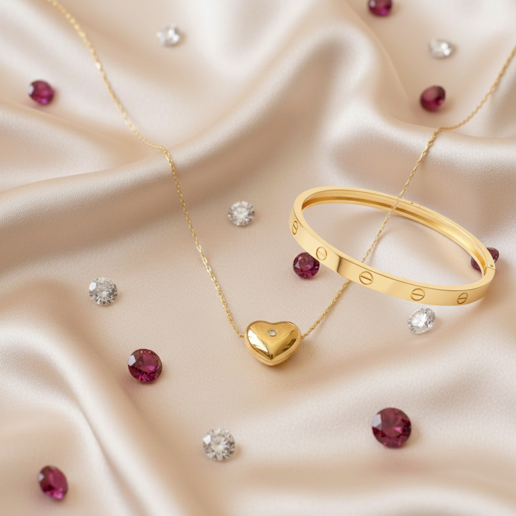 Luxury Gold Puffed Heart Pendant Necklace & Engraved Love Screw Detail Bangle Set (Set of 2)