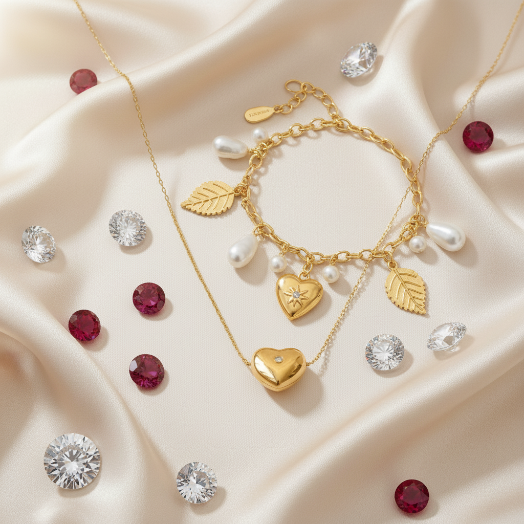 Luxury Gold Puffed Heart Necklace and Layered Heart & Pearl Charm Bracelet Set (Set of 2)