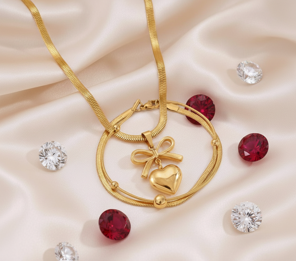 Luxury Gold Plated Snake Chain Necklace with Bow Heart Pendant & Matching Bracelet Set (Set of 2)