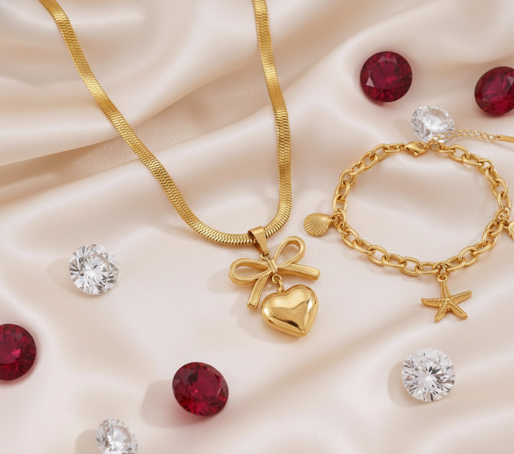 Luxury Gold Plated Snake Chain Necklace with Bow Heart Pendant & Sea Charm Bracelet Set (Set of 2)