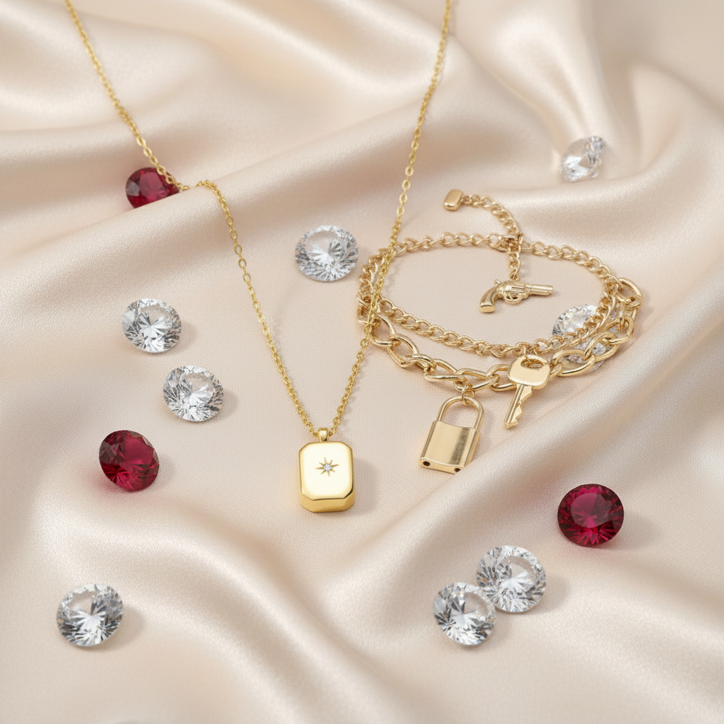 Luxury Gold Starburst Rectangle Pendant Necklace & Lock, Key & Gun Charm Bracelet Set (Set of 2)