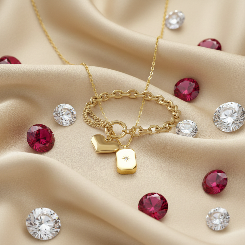 Luxury Gold Starburst Rectangle Necklace & Puffed Heart Chunky Chain Bracelet Set (Set of 2)