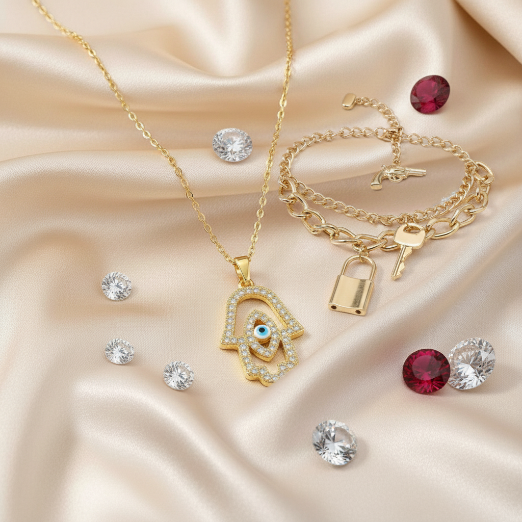 Luxury Gold Plated Hamsa Evil Eye CZ Necklace & Lock, Key, Gun Charm Bracelet Set (Set of 2)