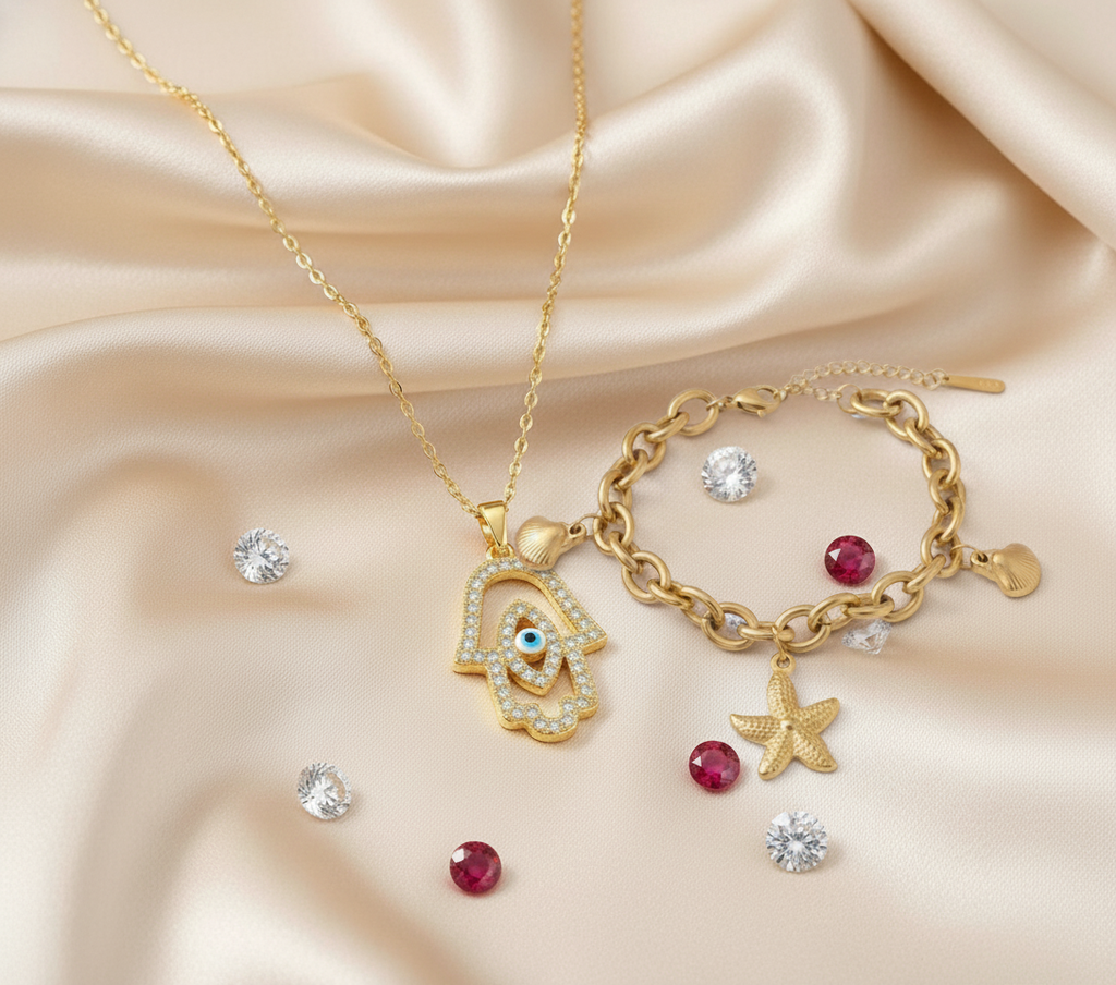 Luxury Gold Plated Hamsa Evil Eye CZ Necklace & Sea Charm Bracelet Set (Set of 2)