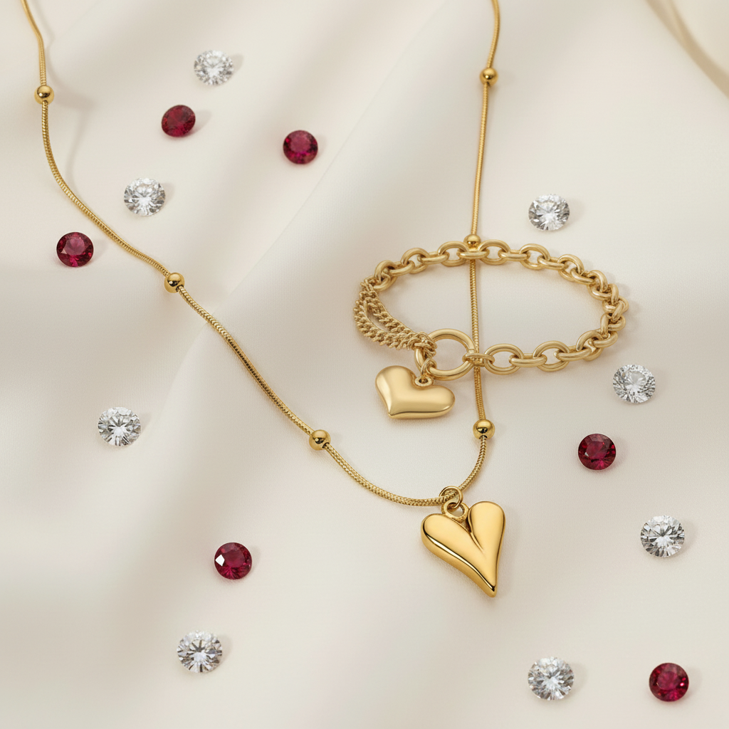 Luxury Gold Puffed Heart Satellite Chain Necklace & Matching Chunky Heart Charm Bracelet Set (Set of 2)