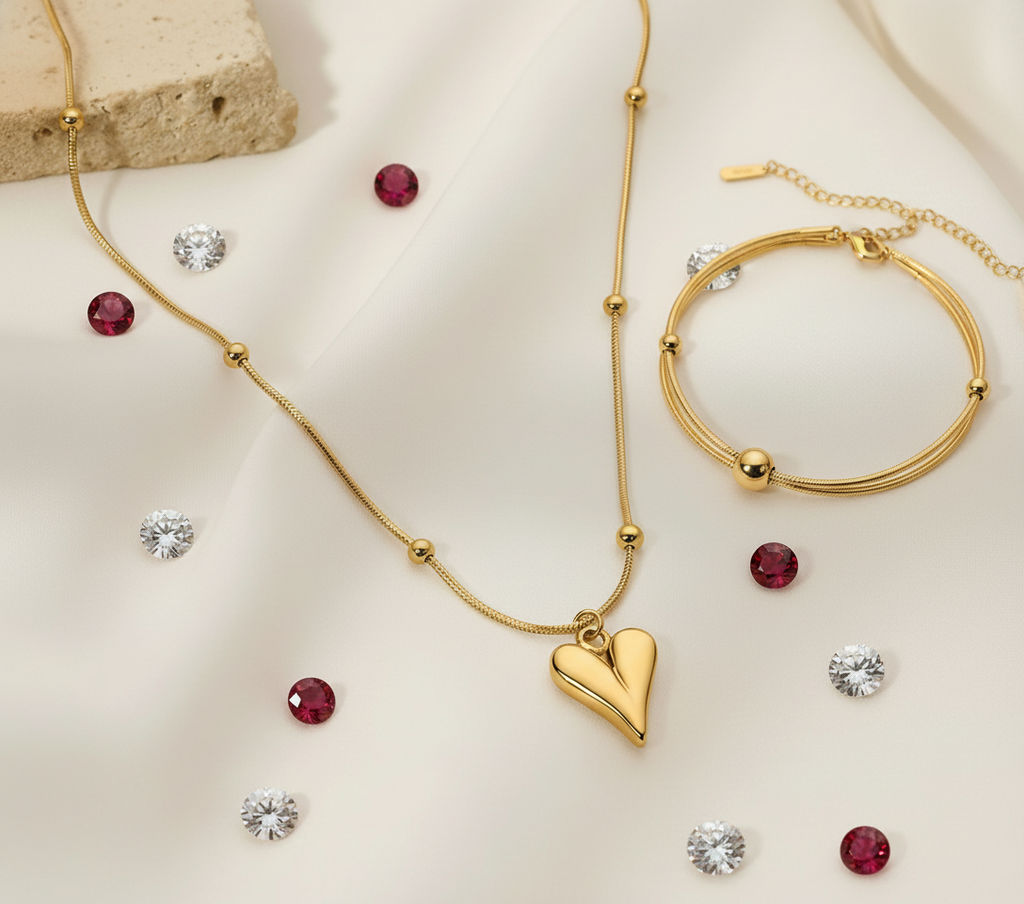 Luxury Gold Puffed Heart Satellite Necklace & Minimalist Bead Chain Bracelet Set (Set of 2)