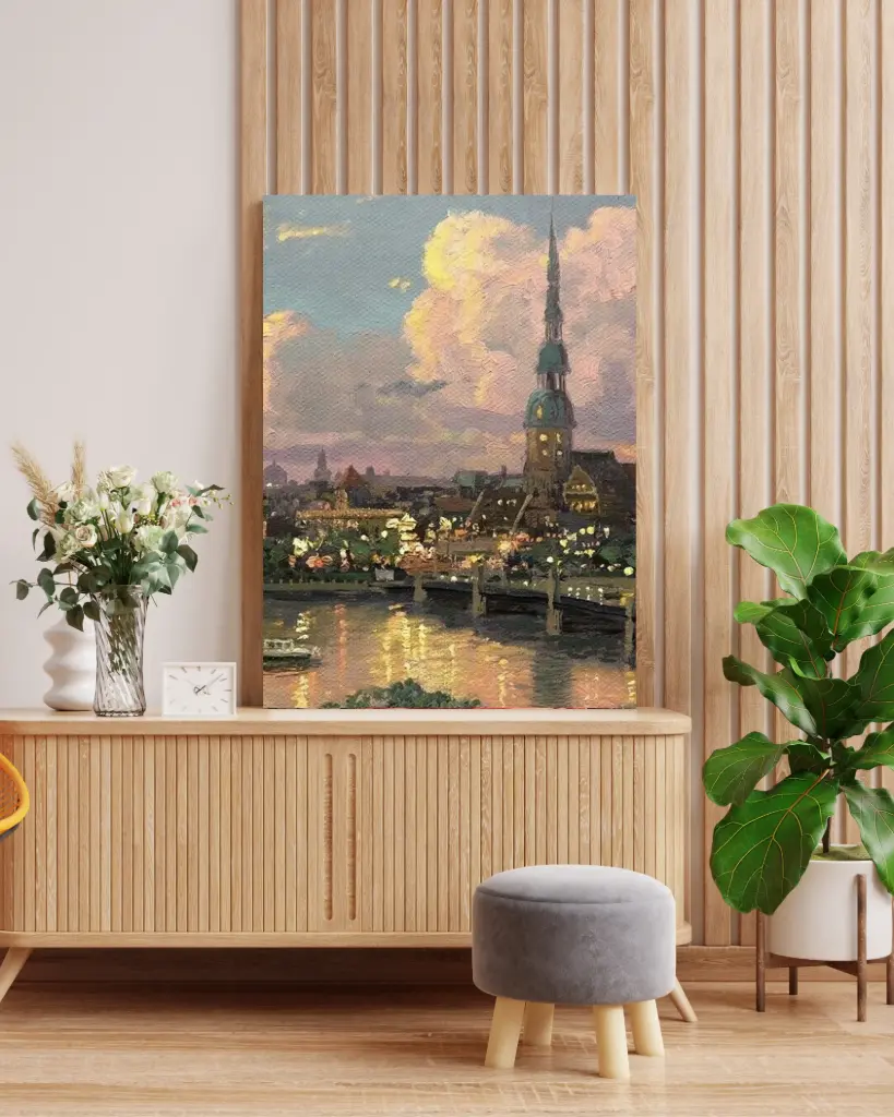 Evening City Skyline Canvas Art - Textured Painting of European Spire at Dusk