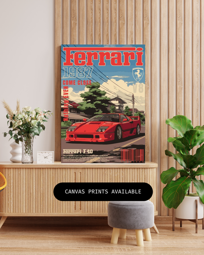 Ferrari F40 1987 Vintage Canvas Art in Wooden Frame | Retro Automotive Man Cave Wall Decor