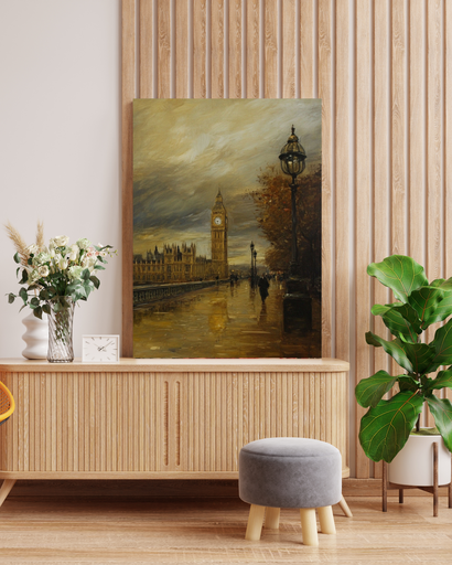 Impressionist Big Ben London Canvas Art in Wooden Frame | Rainy Westminster Bridge Painting Wall Art 