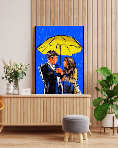 HIMYM Yellow Umbrella Canvas Art in Wooden Frame | Ted and Tracy Romantic Fan Art Wall Decor