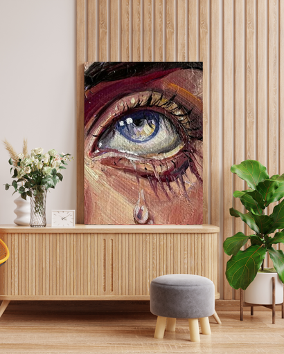 Emotional Teardrop Close-Up Canvas Art in Wooden Frame | Psychological Fine Art 