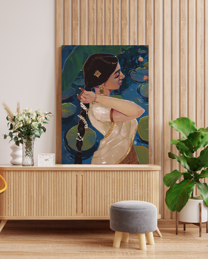 South Asian Woman Lotus Pond Canvas Art in Wooden Frame | Indian Traditional Portrait Wall Decor