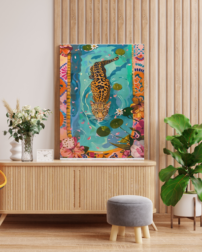Vibrant Leopard in Water Canvas Art in Wooden Frame | Folk Art Jaguar and Lily Pond Wall Decor