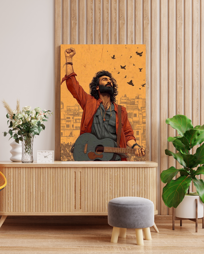 Ranbir Kapoor Rockstar Canvas Art: Jordan with Guitar & Raised Fist - Iconic Bollywood Movie Art in Wooden Frame Wall Decor