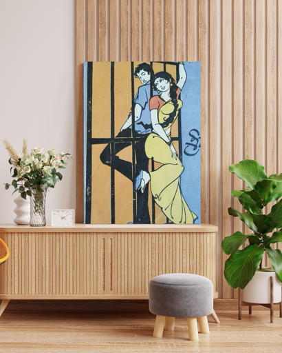 Vintage Indian Pop Art Canvas Art in Wooden Frame | Retro South Asian Magazine Cover Illustration | Colourful Couple Wall Art Decor