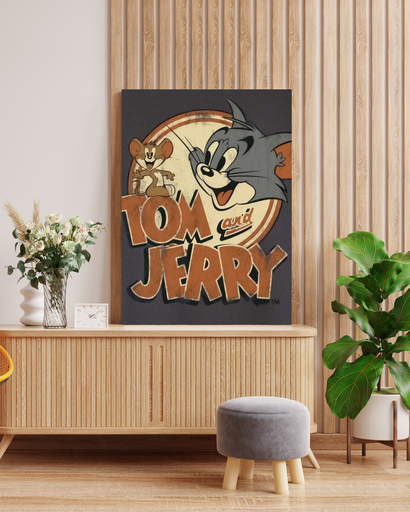 Vintage Tom and Jerry Cartoon Canvas Wall Art in Wooden Frame | Retro Character for Kids Room or Game Room Decor