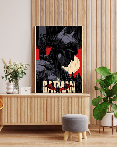 DC Comics Batman in Rain Canvas Wall Art in Wooden Frame | Robert Pattinson Movie-Style Decor | Superhero Man Cave Gift