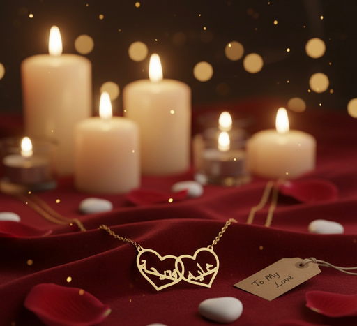 Luxury Arabic Double Heart Name Necklace in Gold | Personalised Couple Pendant with Romantic Design