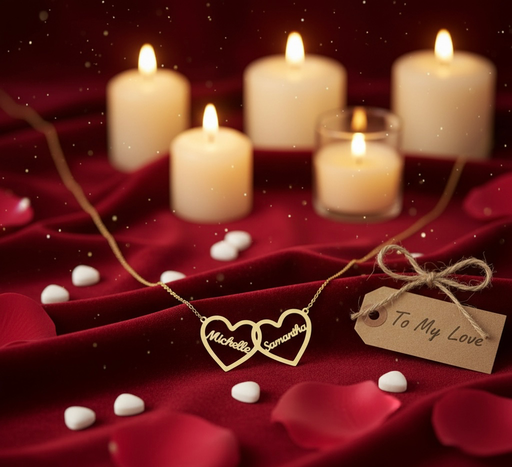 Luxury Interlocking Hearts Name Necklace in Gold | Custom Double Heart Pendant for Loved Ones