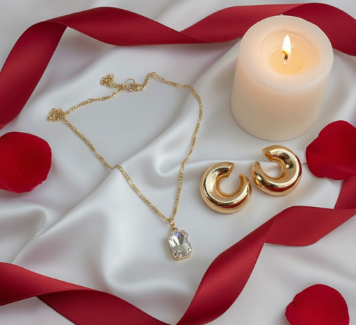 Luxury Gold Set(Set of 2) : Solitaire Pendant Necklace and Bold Chunky Hoop Earrings