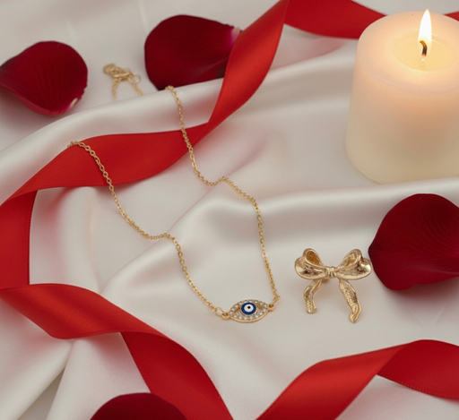 Luxury Evil Eye Protection Set(Set of 2) : Dainty Gold Necklace with Pave Evil Eye Charm and Whimsical Gold Bow Stud Earrings