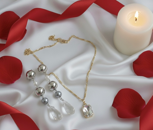 Luxury Gold Set (Set of 2): Solitaire Pendant Necklace and Long Pearl Dangle Earrings