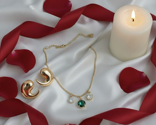Luxury Gold Set (Set of 2): Emerald Charm Necklace and Modern Curved Earrings