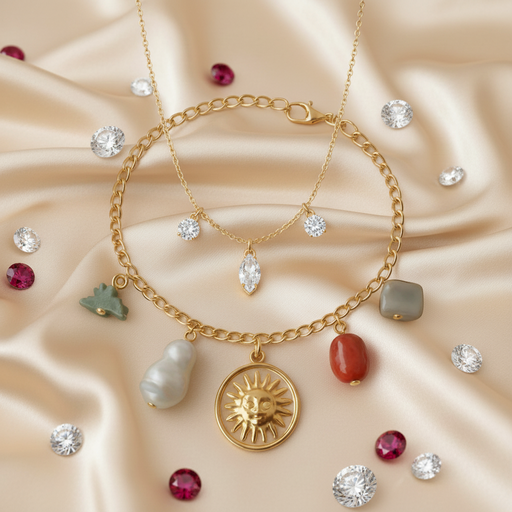 Luxury Charm Set (Set of 2): Sun & Natural Stone Bracelet with Sparkly Dangle Necklace