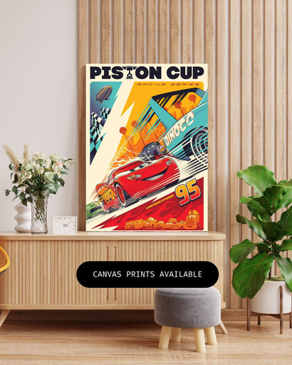 Lightning McQueen Piston Cup Racing Canvas in Wooden Frame | Disney Pixar Cars Movie Art